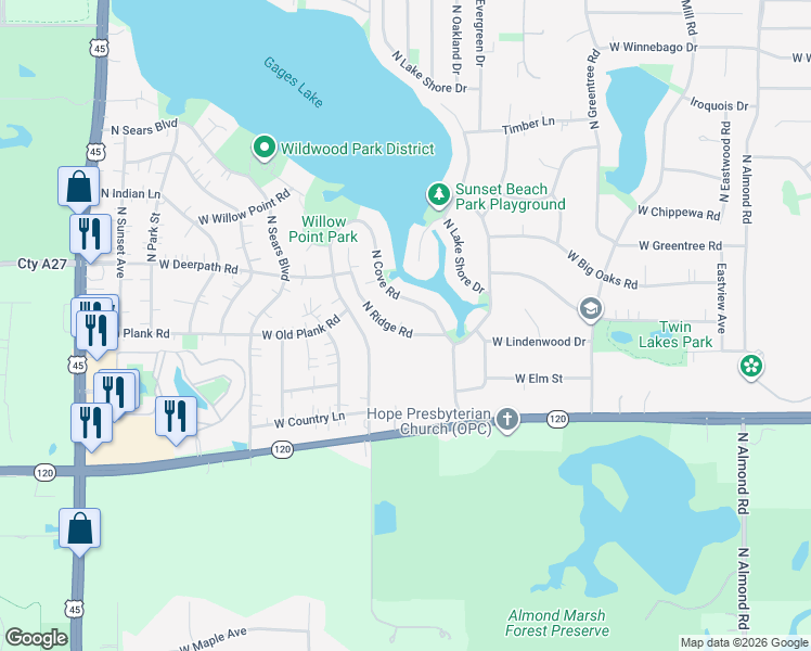 map of restaurants, bars, coffee shops, grocery stores, and more near 33090 North Cove Road in Grayslake