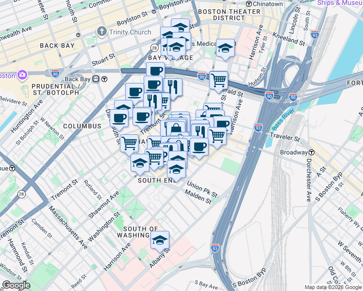 map of restaurants, bars, coffee shops, grocery stores, and more near in Boston