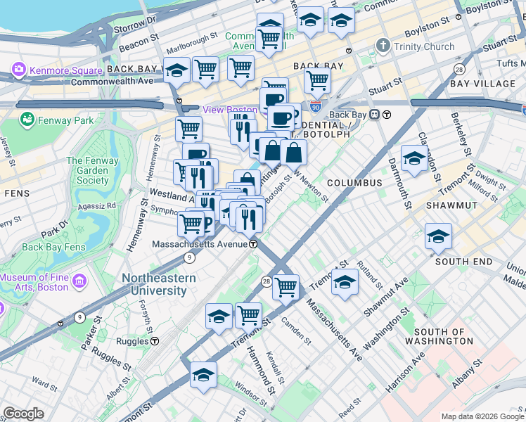map of restaurants, bars, coffee shops, grocery stores, and more near 200-220 Huntington Avenue in Boston