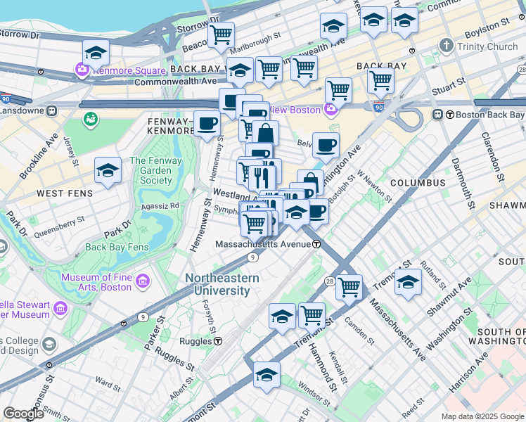 map of restaurants, bars, coffee shops, grocery stores, and more near 279 Massachusetts Avenue in Boston
