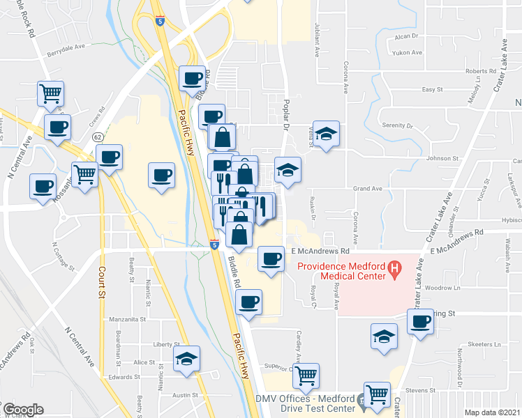map of restaurants, bars, coffee shops, grocery stores, and more near 1487 Poplar Drive in Medford