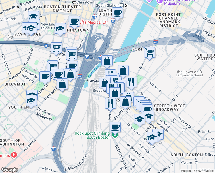 map of restaurants, bars, coffee shops, grocery stores, and more near 500 Traveler Street in Boston