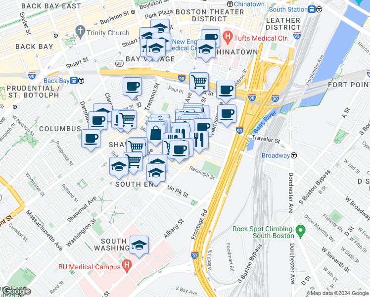 map of restaurants, bars, coffee shops, grocery stores, and more near 230 Shawmut Avenue in Boston