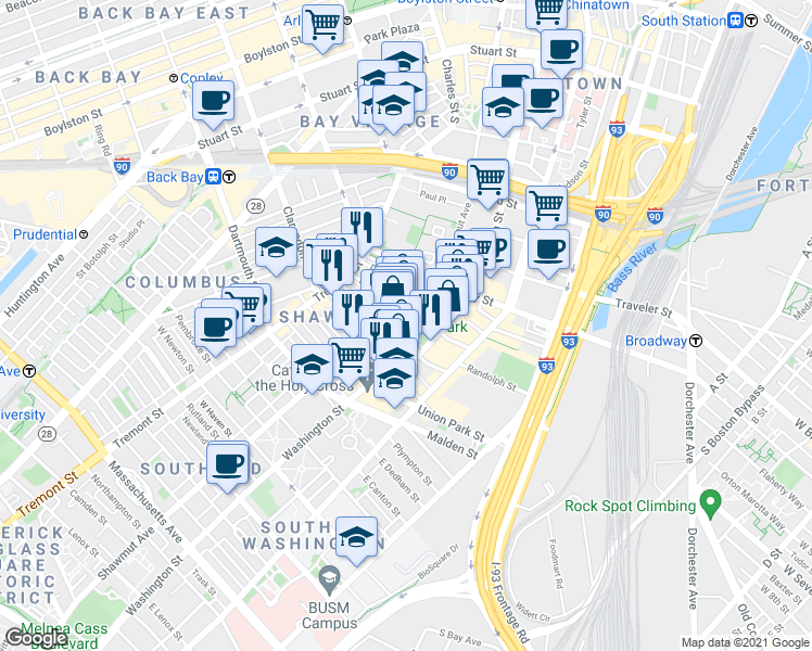 map of restaurants, bars, coffee shops, grocery stores, and more near in Boston