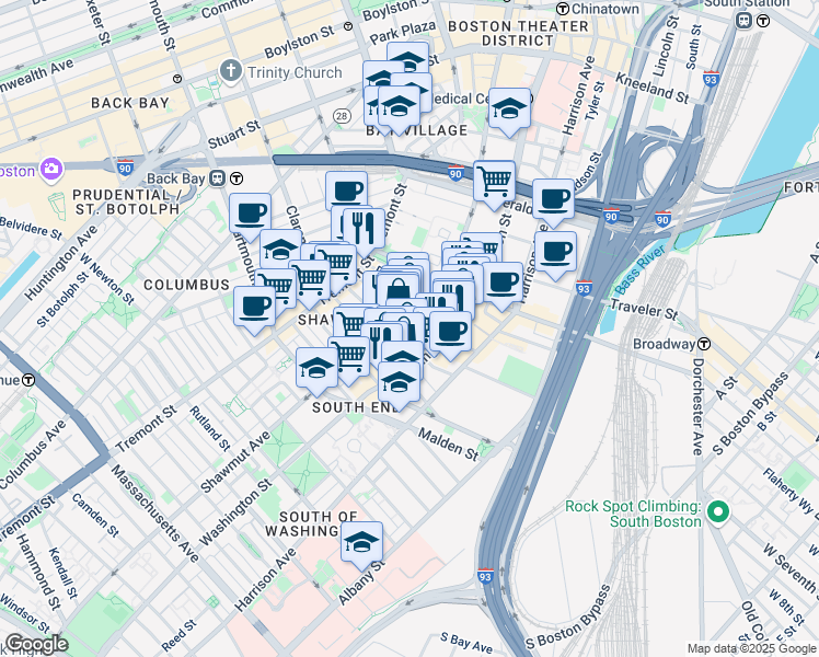 map of restaurants, bars, coffee shops, grocery stores, and more near in Boston