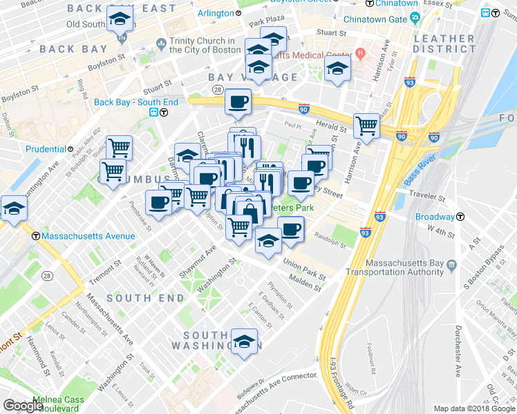 map of restaurants, bars, coffee shops, grocery stores, and more near 3 Hanson Street in Boston