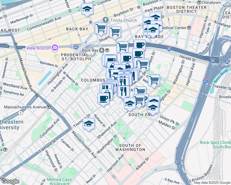 map of restaurants, bars, coffee shops, grocery stores, and more near 7 Dartmouth Street in Boston