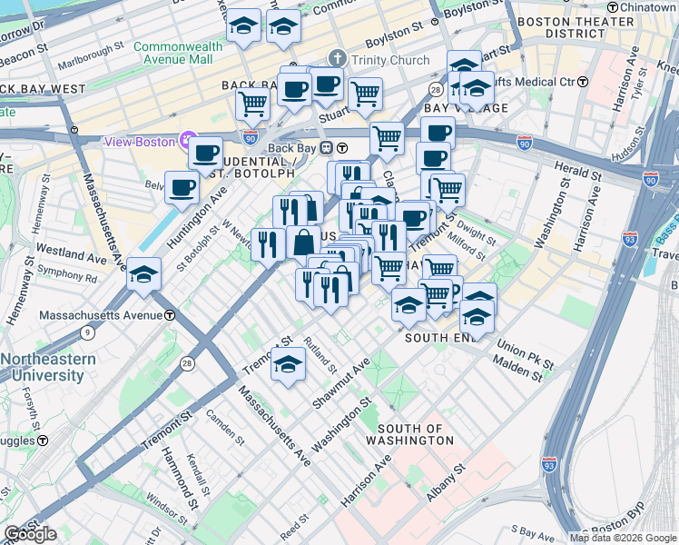map of restaurants, bars, coffee shops, grocery stores, and more near 174 West Canton Street in Boston