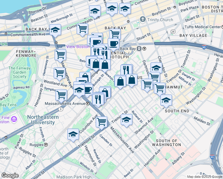 map of restaurants, bars, coffee shops, grocery stores, and more near 76 Claremont Street in Boston