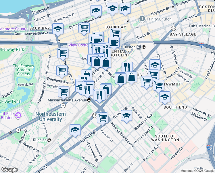 map of restaurants, bars, coffee shops, grocery stores, and more near 76 Claremont Street in Boston