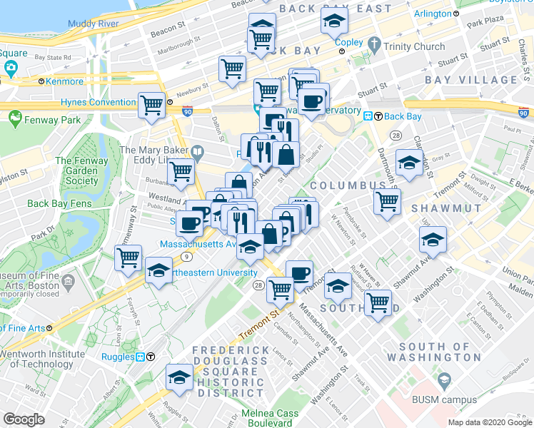 map of restaurants, bars, coffee shops, grocery stores, and more near in Boston