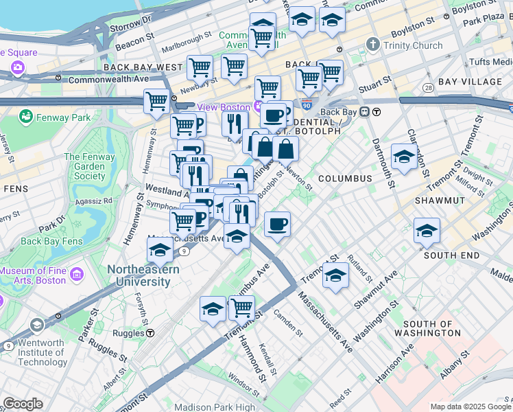 map of restaurants, bars, coffee shops, grocery stores, and more near 200-220 Huntington Avenue in Boston