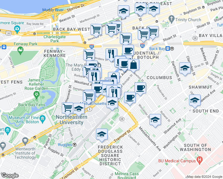 map of restaurants, bars, coffee shops, grocery stores, and more near 200-220 Huntington Avenue in Boston