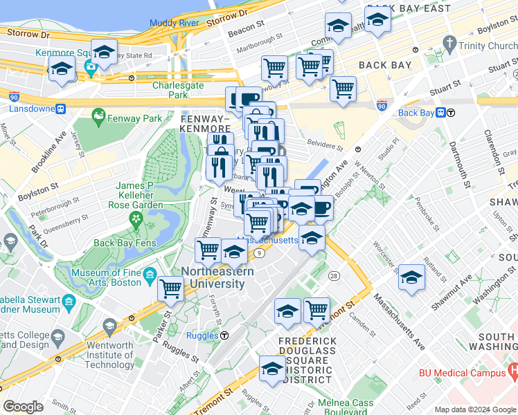 map of restaurants, bars, coffee shops, grocery stores, and more near 29 Symphony Road in Boston
