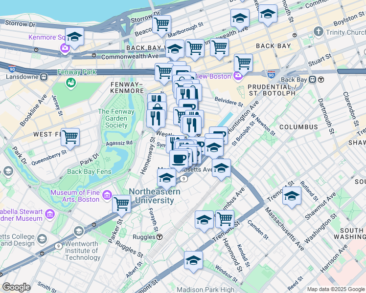 map of restaurants, bars, coffee shops, grocery stores, and more near 29 Symphony Road in Boston