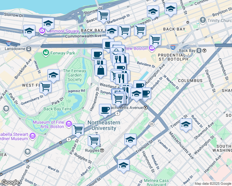 map of restaurants, bars, coffee shops, grocery stores, and more near 29 Symphony Road in Boston