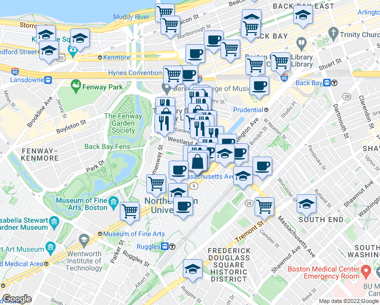 map of restaurants, bars, coffee shops, grocery stores, and more near 29 Symphony Road in Boston