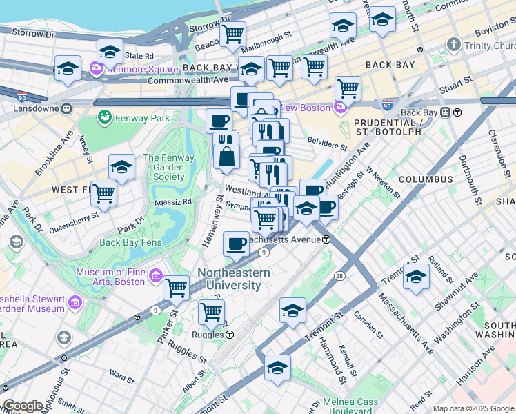 map of restaurants, bars, coffee shops, grocery stores, and more near 29 Symphony Road in Boston