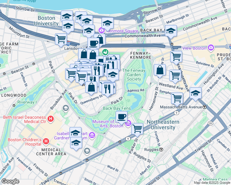 map of restaurants, bars, coffee shops, grocery stores, and more near 11 Queensberry Street in Boston