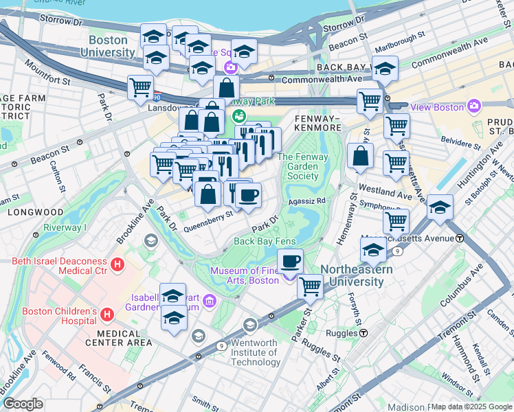 map of restaurants, bars, coffee shops, grocery stores, and more near 11 Queensberry Street in Boston