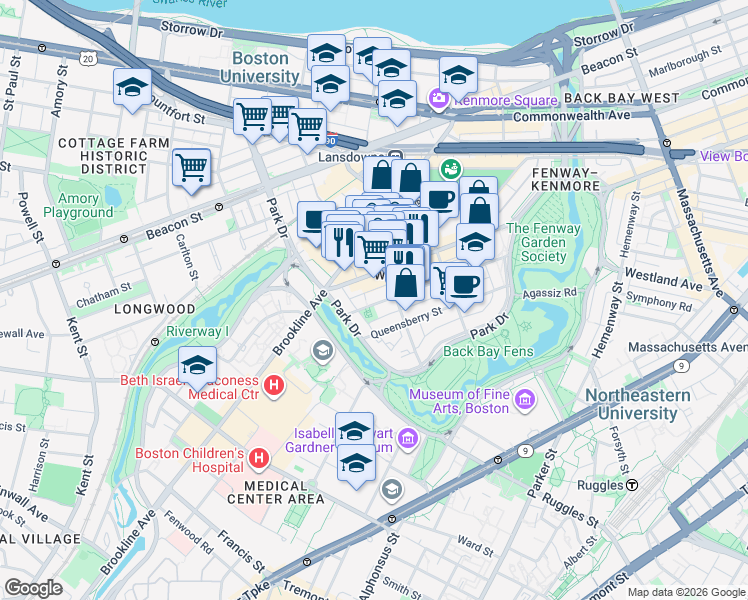 map of restaurants, bars, coffee shops, grocery stores, and more near in Boston