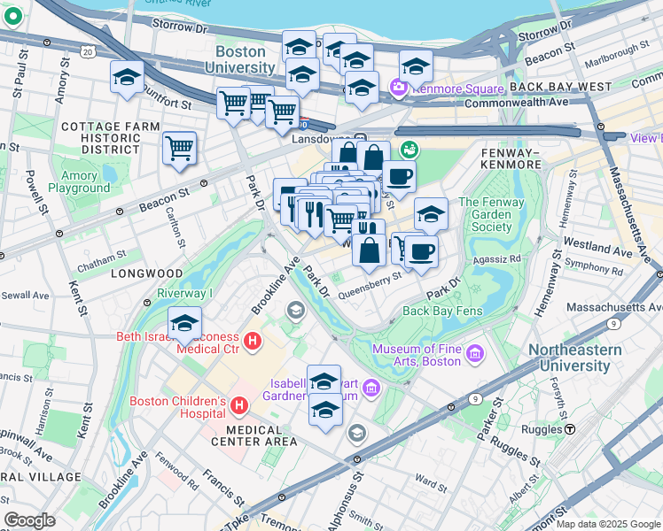 map of restaurants, bars, coffee shops, grocery stores, and more near 1395 Boylston Street in Boston