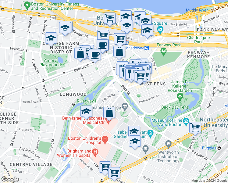 map of restaurants, bars, coffee shops, grocery stores, and more near 120 Riverway in Boston