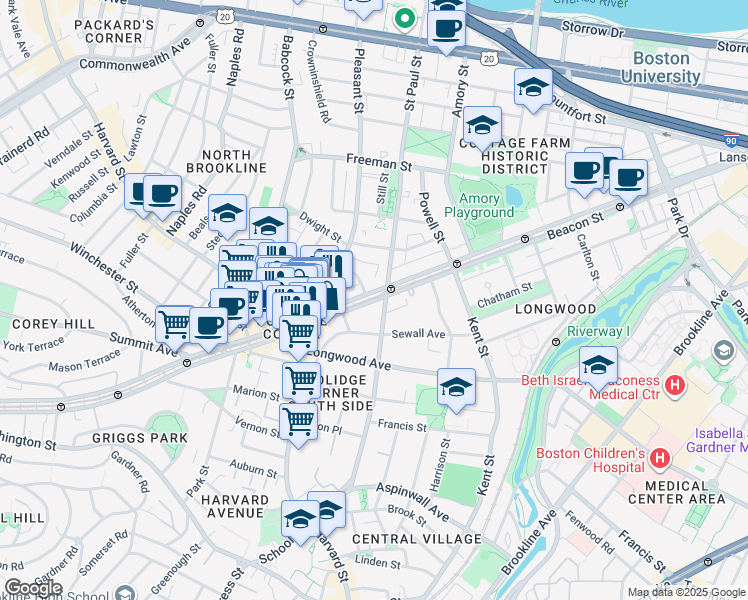 map of restaurants, bars, coffee shops, grocery stores, and more near 3 James Street in Brookline