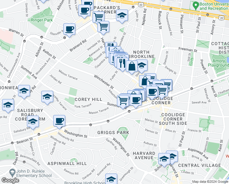 map of restaurants, bars, coffee shops, grocery stores, and more near 104 Winchester Street in Brookline