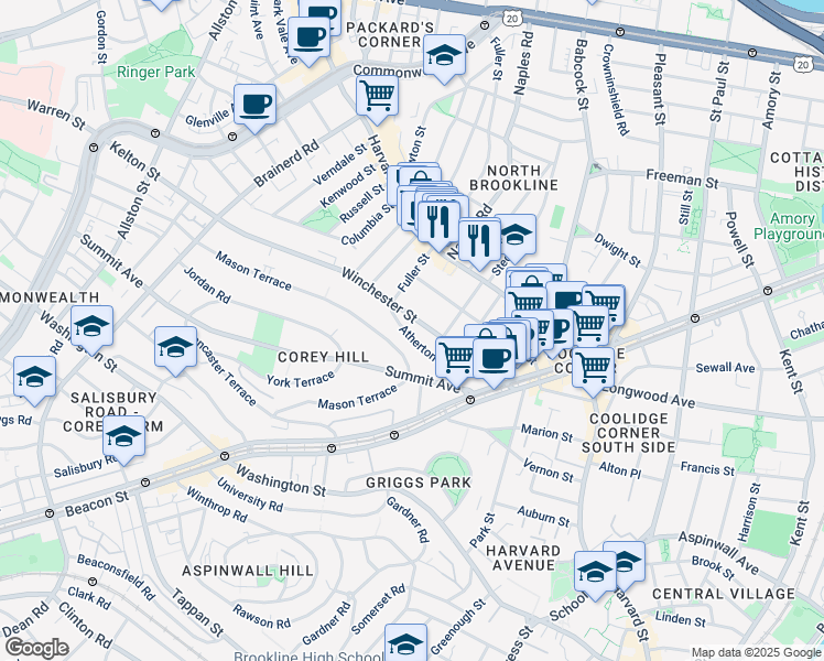 map of restaurants, bars, coffee shops, grocery stores, and more near 104 Winchester Street in Brookline