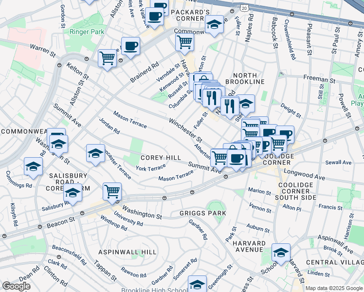 map of restaurants, bars, coffee shops, grocery stores, and more near 193 Mason Terrace in Brookline
