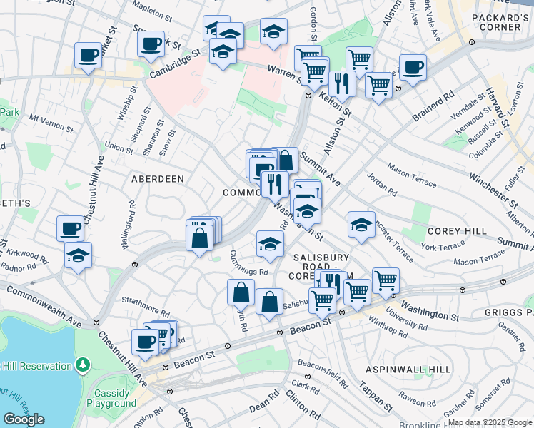 map of restaurants, bars, coffee shops, grocery stores, and more near 1619 Commonwealth Avenue in Boston