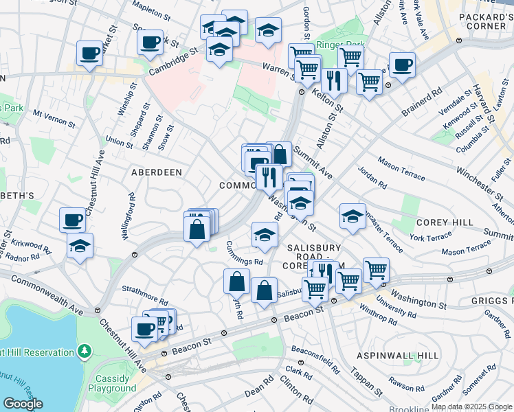 map of restaurants, bars, coffee shops, grocery stores, and more near 1619 Commonwealth Avenue in Boston