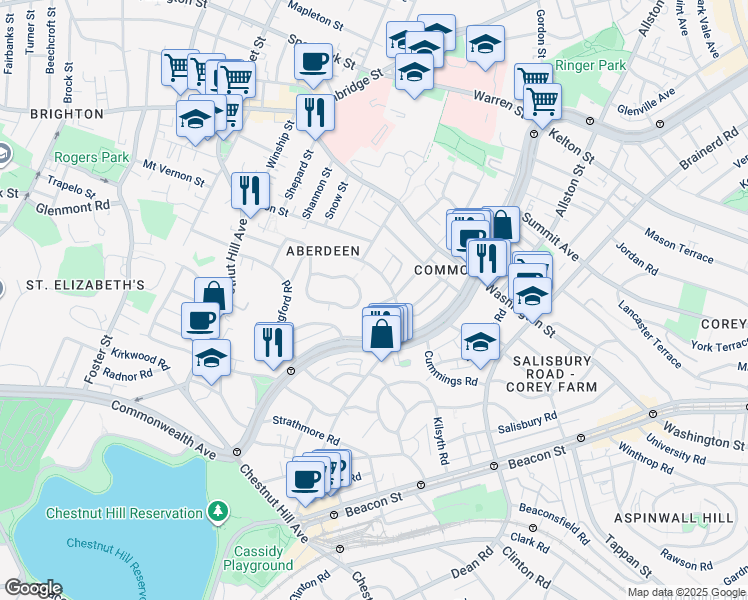 map of restaurants, bars, coffee shops, grocery stores, and more near 107 Nottinghill Road in Boston