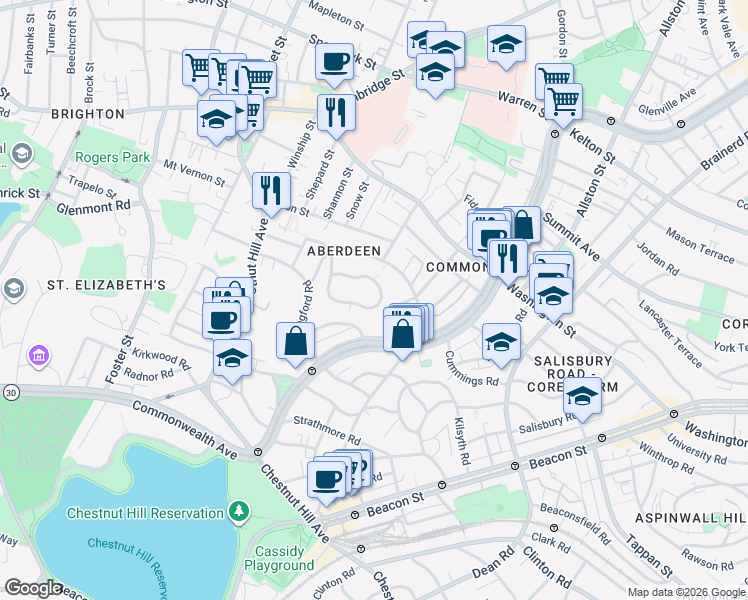 map of restaurants, bars, coffee shops, grocery stores, and more near 107 Nottinghill Road in Boston
