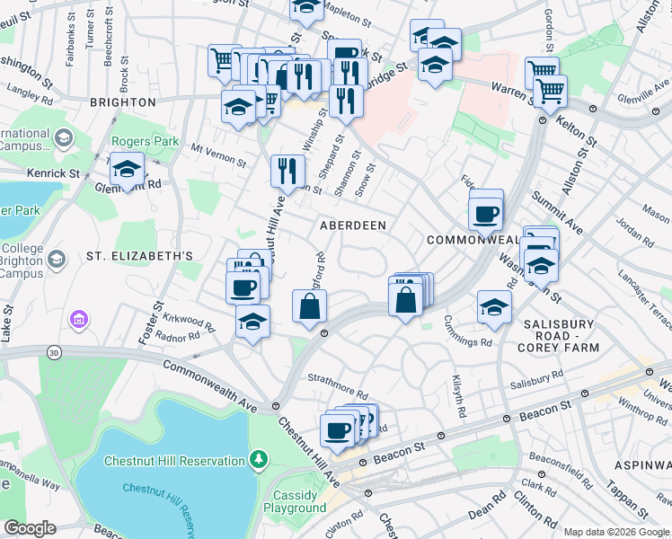 map of restaurants, bars, coffee shops, grocery stores, and more near 57 Wallingford Road in Boston