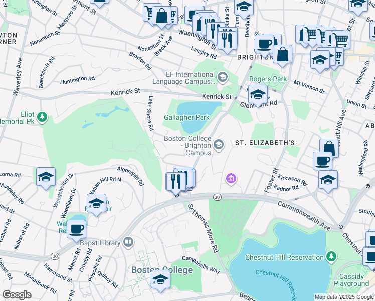 map of restaurants, bars, coffee shops, grocery stores, and more near 88 Lake Shore Road in Boston