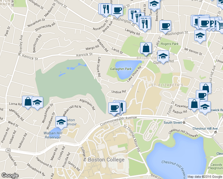 map of restaurants, bars, coffee shops, grocery stores, and more near 116 Lake Shore Road in Boston