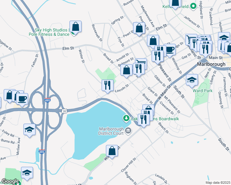 map of restaurants, bars, coffee shops, grocery stores, and more near 581 Lincoln Street in Marlborough