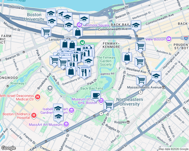 map of restaurants, bars, coffee shops, grocery stores, and more near 11 Queensberry Street in Boston