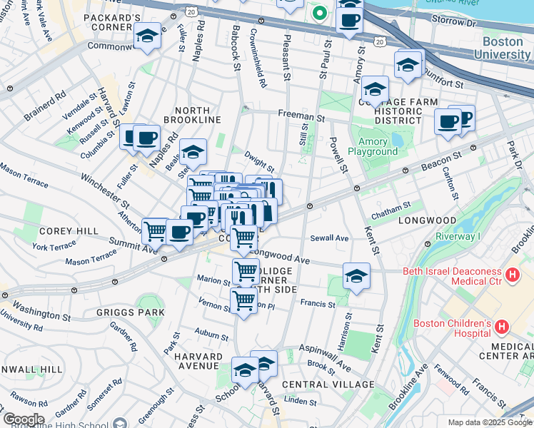 map of restaurants, bars, coffee shops, grocery stores, and more near 31 Pleasant Street in Brookline