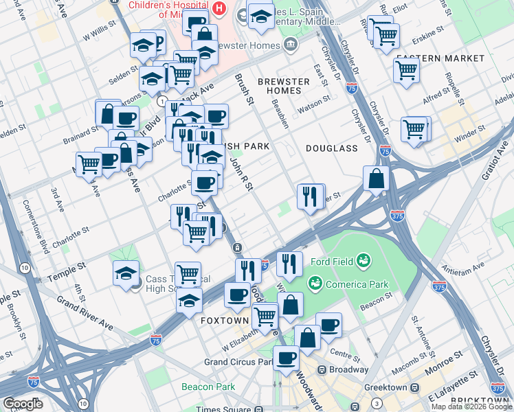 map of restaurants, bars, coffee shops, grocery stores, and more near 2750 John R Street in Detroit