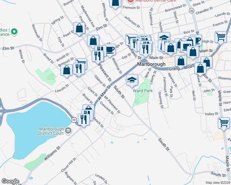 map of restaurants, bars, coffee shops, grocery stores, and more near 38 Emmett Street in Marlborough