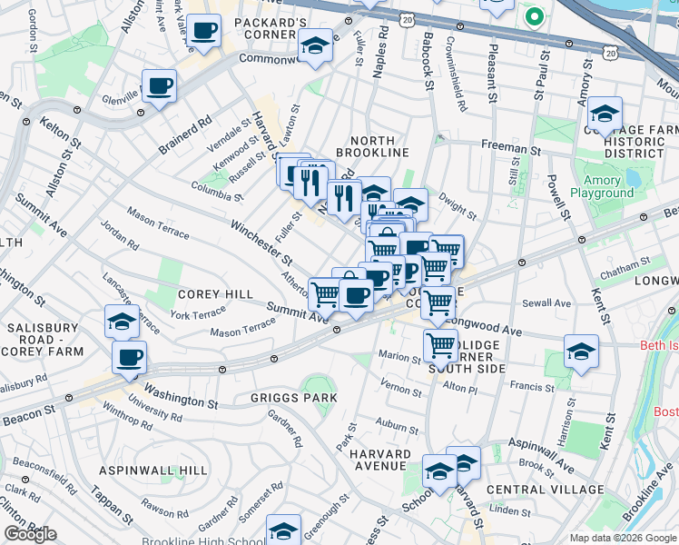 map of restaurants, bars, coffee shops, grocery stores, and more near 75 Centre Street in Brookline