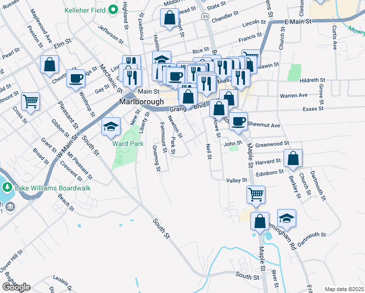 map of restaurants, bars, coffee shops, grocery stores, and more near 106 Newton Street in Marlborough