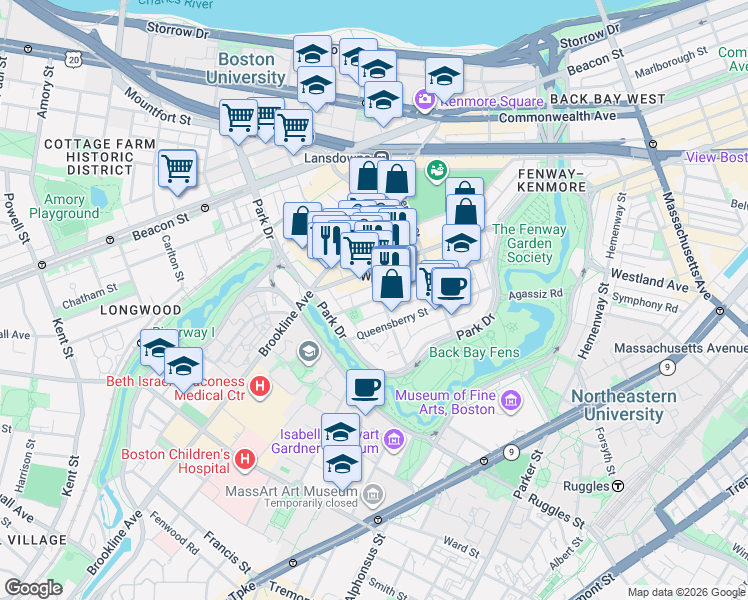 map of restaurants, bars, coffee shops, grocery stores, and more near in Boston