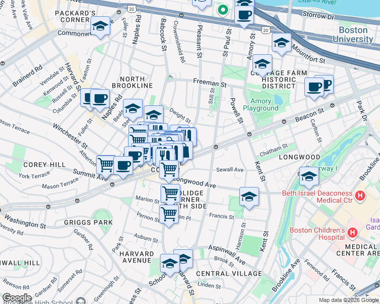 map of restaurants, bars, coffee shops, grocery stores, and more near 31 Pleasant Street in Brookline
