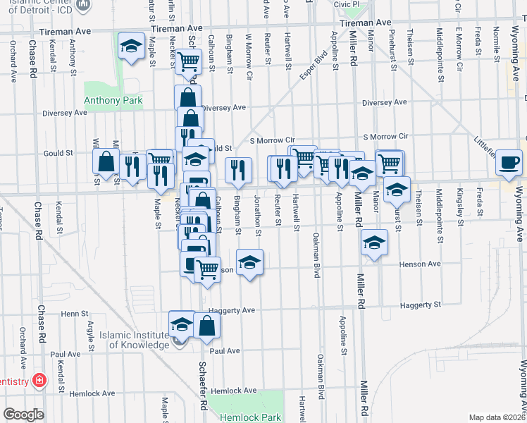 map of restaurants, bars, coffee shops, grocery stores, and more near in Dearborn