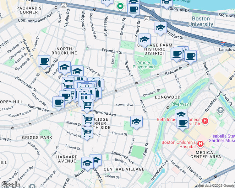 map of restaurants, bars, coffee shops, grocery stores, and more near 1202 Beacon Street in Brookline