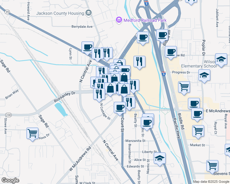 map of restaurants, bars, coffee shops, grocery stores, and more near 85 Rossanley Drive in Medford